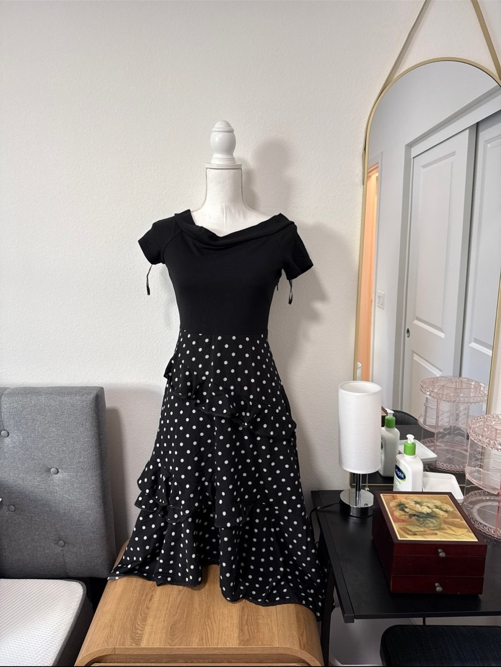 Black Polka Dot Ruffle Midi Dress
